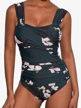 Dark Green Floral One-Piece Swimsuit with Wide Straps